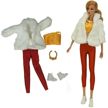 NK 1 комплект Благородной одежды принцессы, Белая шуба + Красные брюки + Ожерелье + обувь, Модное платье для Барби, аксессуары, Кукла, Подарочная игрушка для девочки