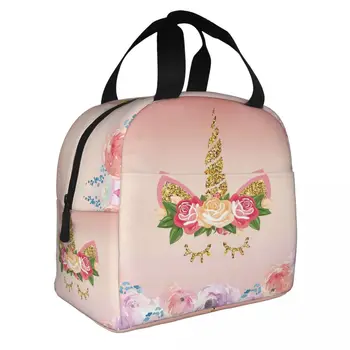 Мультяшный единорог с цветочным принтом, термоизолированная сумка для ланча, женский портативный ланч-бокс для школьной работы, Многофункциональные сумки-тоут для еды