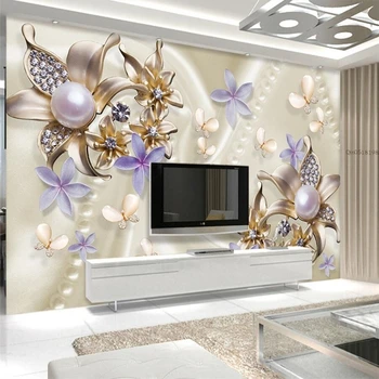 wellyu Pearl Diamond Flower Butterfly Романтическая настенная роспись под телевизор на заказ, зеленые обои papel de parede para quarto