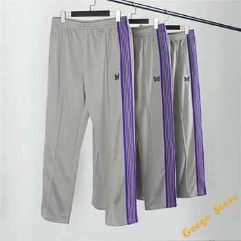 Хип-хоп фиолетовые полосы, серые спортивные штаны, мужские, женские, 1: 1, высококачественные брюки с вышивкой бабочкой, брюки с вышивкой, брюки с вышивкой